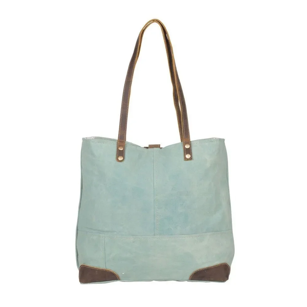 Myra Bag Handmade Astra Tote Bag Upcycled Canvas & Cowhide Leather